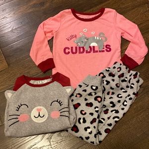 Toddler girls 3T pajamas 3-piece matching fleece warm winter cat animal print